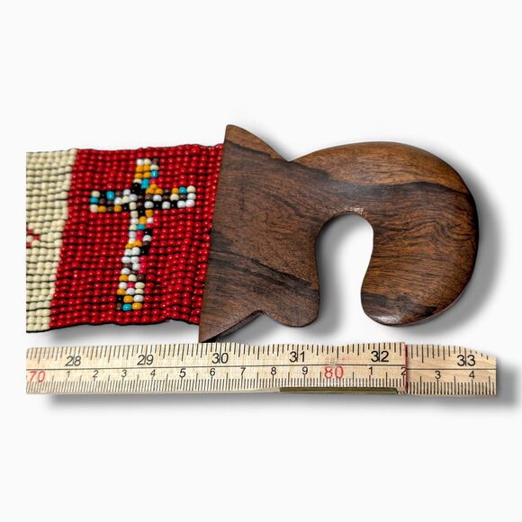Vintage Native Style Beaded Belt Red Cream Wooden Buckle Boho Western main image 14
